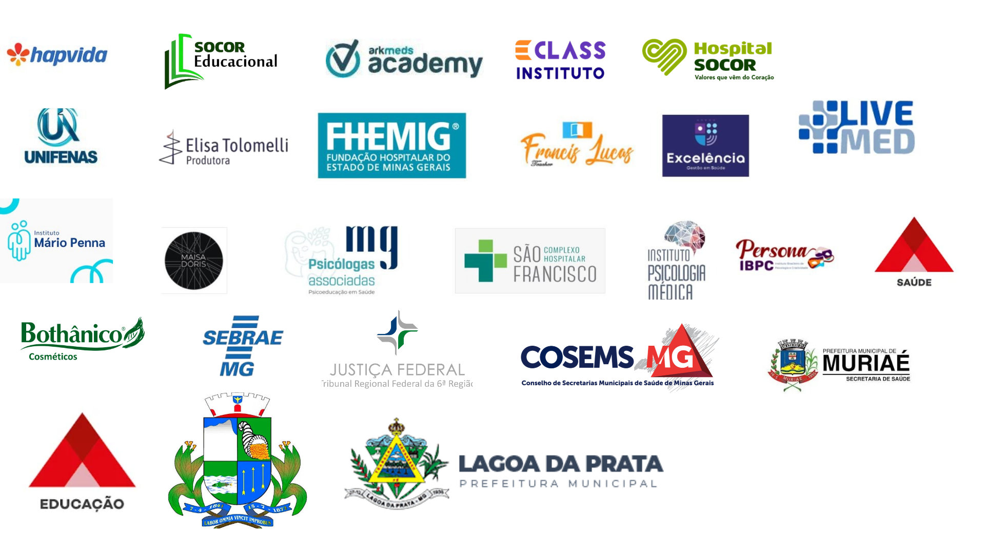 Organizações onde a SBAEL esteve, entre elas Hapvida, Socor Educacional, Arkmeds Academy, Hospital Socor, Unifenas, FHEMIG, Sebrae MG, Justiça Federal, Cosems MG e Prefeitura de Muriaé